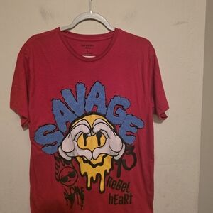 Road Narrows N.Y.C. Savage Rebel Hearts Red Graphic Short Sleeve Shirt Size L